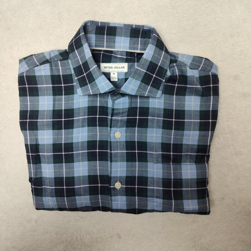 Peter Millar Shirt Mens M Blue Plaid Summer Soft Cotton Sport Button Up Langley